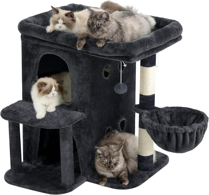 Heybly 26.3" Cat Tree for Large Cats with Big Perch & Dual Condos HCT204SG | 26.3-inch Spacious Cat Tower with Scratching Posts, Stair-Style Cat House Furniture with Cozy Basket & Pompom, Smoky Gray