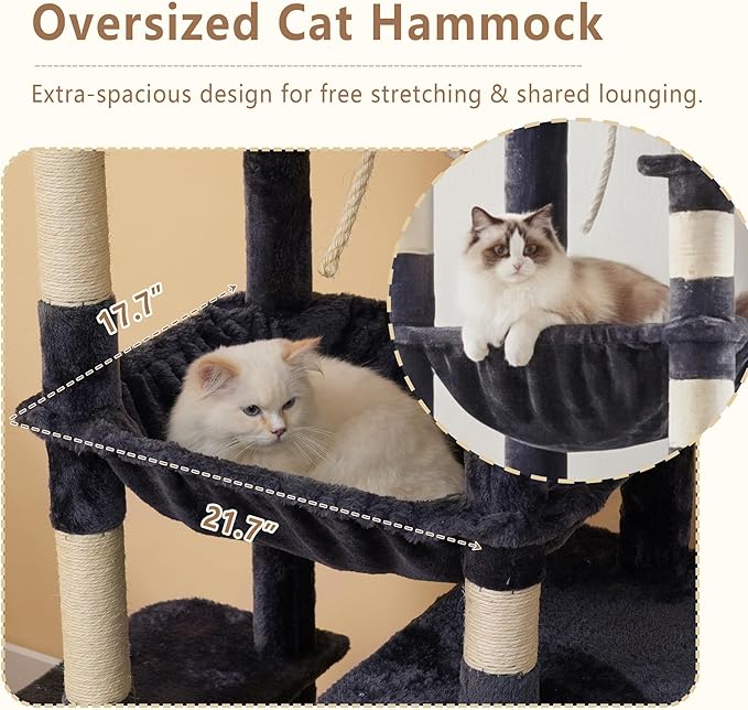 Heybly 64.2" Heavy-Duty Cat Tree for Large Cats, Extra-Large Hammock, Smoky Gray