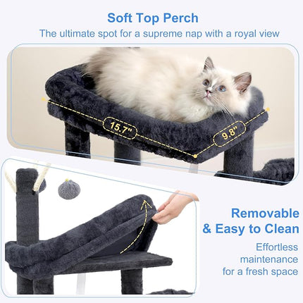Heybly Cat Tree, 45.3" Cat Tower for Indoor Cats with Large Perch HCT202SG | All-in-One Cat Furniture with Cozy Bed, Smoky Gray