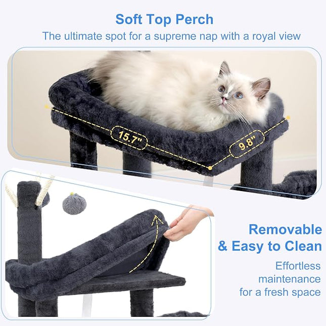 Heybly Cat Tree, 45.3" Cat Tower for Indoor Cats with Large Perch HCT202SG | All-in-One Cat Furniture with Cozy Bed, Smoky Gray