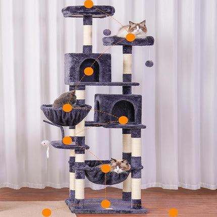 Heybly Cat Tree with Toy,70 inches Cat Tower condo for Indoor Cats, Cat House with Padded Plush Perch, Cozy Hammock and Sisal Scratching Posts, Smoky Gray HCT032G