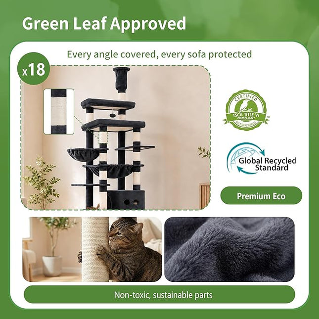 Heybly Floor to Ceiling Cat Tree, Large Cat Tower, 2 Cat Condos, Smoky Gray