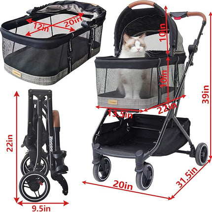 ROODO 2026 Upgraded Version 3-in-1 Dog Cat Stroller with Detachable Carrier Folding Lightweight Portable Travel Pet Gear All-Terrain Puppy Doggie Kitty Bunny Stroller for 35 lbs(Grey Lattice)