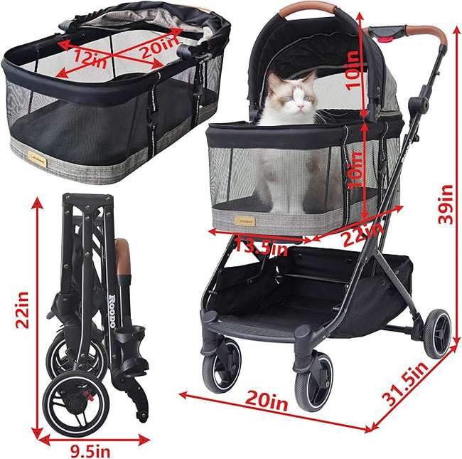 ROODO 2026 Upgraded Version 3-in-1 Dog Cat Stroller with Detachable Carrier Folding Lightweight Portable Travel Pet Gear All-Terrain Puppy Doggie Kitty Bunny Stroller for 35 lbs(Grey Lattice)