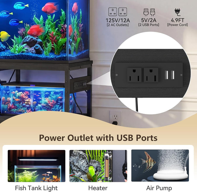 Heybly 40-50 Gal Fish Tank Stand with Drawer, Power Outlet, Black HAS004BK | Aquarium Stand, Heavy Duty, for Fish Tank, Turtle & Reptile Terrarium, 36.2" L × 18.1" Top, 660lbs (Top)+330lbs(Mid)