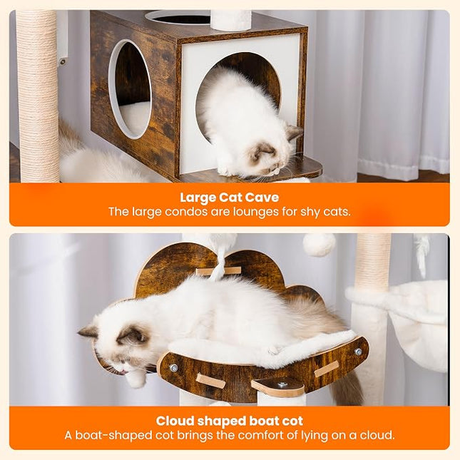 Heybly Wood Cat Tree for Indoor Cats, Cat Condo for Large Cats with Self Groomer,Rustic Brown HCT120SR