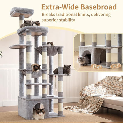Heybly Cat Tree, 180cm Tall Cat Tower for Large Maine Coon Cats with Extra-Large Baseboard, Light Gray HCT037W