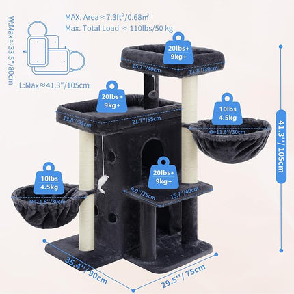 Heybly Cat Tree with Reinforced Big Base, 105cm Sturdy Cat Tower for Indoor Cats ,Smoky Gray