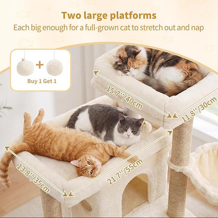 Heybly Cat Tree with Reinforced Big Base, 105cm Sturdy Cat Tower for Indoor Cats, Beige