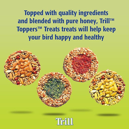 Trill Toppers Bird Treats, 40 Pack – Individual Pet Bird Food with Carrot, Peanut, Apple & Parsley toppings – Bird Seed disks with Millet, Canary Seeds, Pure Honey.