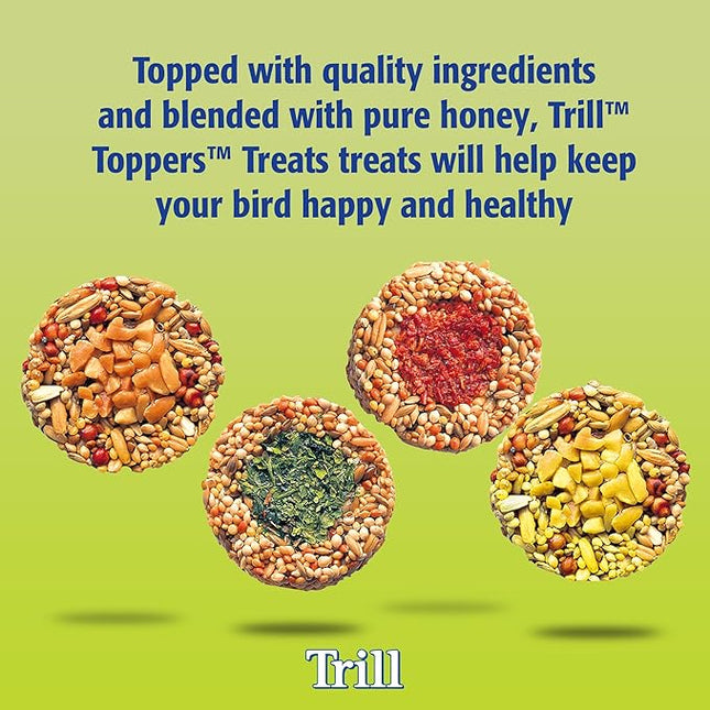 Trill Toppers Bird Treats, 40 Pack – Individual Pet Bird Food with Carrot, Peanut, Apple & Parsley toppings – Bird Seed disks with Millet, Canary Seeds, Pure Honey.