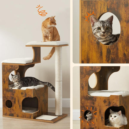 Feandrea Cat Tree, 86 cm Modern Cat Tower with Cat Cave, 3 Perches, Scratching Post and Mat, Removable Washable Plush Cushions, Vintage Brown