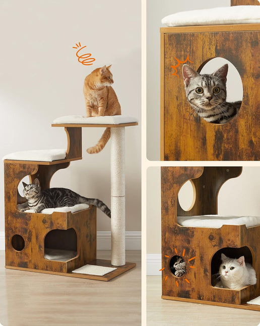Feandrea Cat Tree, 86 cm Modern Cat Tower with Cat Cave, 3 Perches, Scratching Post and Mat, Removable Washable Plush Cushions, Vintage Brown