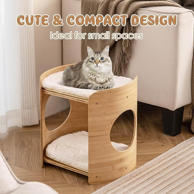 Costway 2-Tier Cat Tower for Indoor Cats, Cute Bamboo Cat Tree w/Double Beds