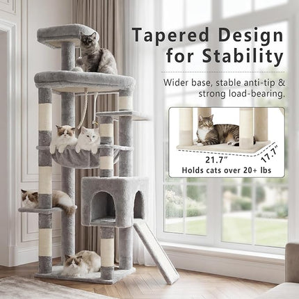 Heybly Heavy Duty Cat Tree, 163cm Tall Tower for Large Indoor Cats ,Light Gray