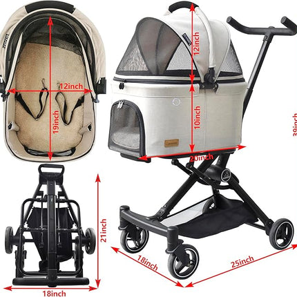 ROODO 2026 Upgraded Version 3 in 1 Dog Cat Stroller with Detachable Carrier Lightweight Folding Portable All Terrain Pet Travel System Puppy Kitty Doggie Bunny Stroller for 30lbs(Light Khaki)