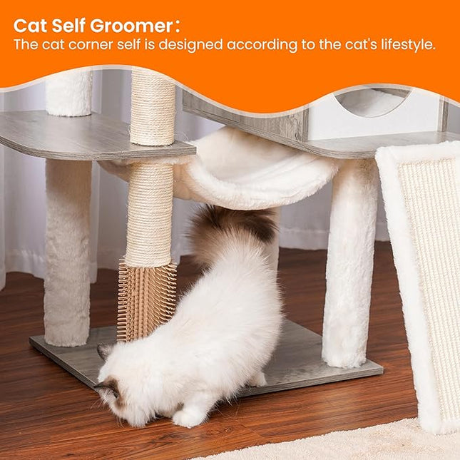 Heybly Wood Cat Tree for Indoor Cats, Cat Condo for Large Cats with Self Groomer,Gray HCT120SG