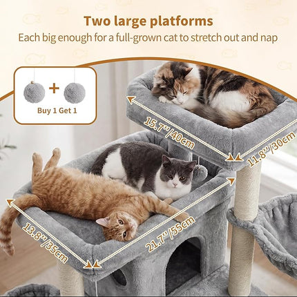 Heybly Cat Tree with Reinforced Big Base, 105cm Sturdy Cat Tower for Indoor Cats, Light Gray