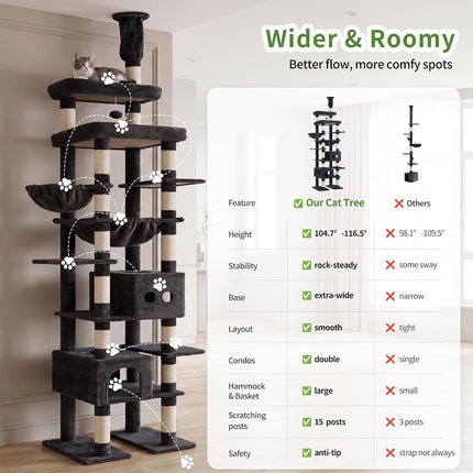 Heybly Floor to Ceiling Cat Tree, Large Cat Tower, 2 Cat Condos, Smoky Gray
