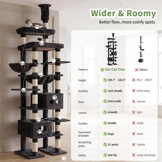 Heybly Floor to Ceiling Cat Tree, Large Cat Tower, 2 Cat Condos, Smoky Gray
