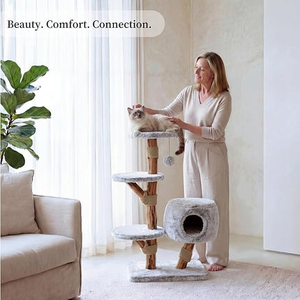 LEO &LEXI Modern Cat Tree Tower with Cave for Indoor Cats, Real Wood Cat Scratching Post with Bed, Solid Wooden Climbing Tower, Aesthetic, Luxury Pet Furniture