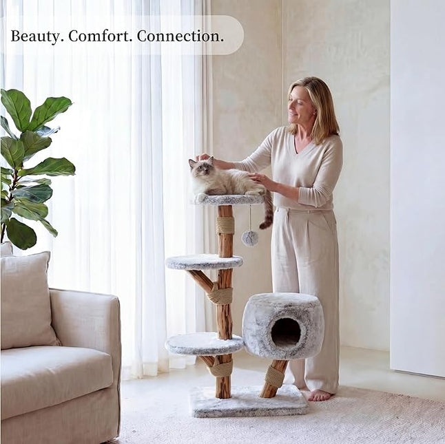 LEO &LEXI Modern Cat Tree Tower with Cave for Indoor Cats, Real Wood Cat Scratching Post with Bed, Solid Wooden Climbing Tower, Aesthetic, Luxury Pet Furniture
