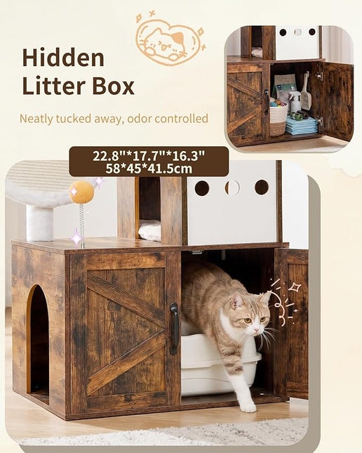 Heybly Cat Tree with Litter Box Enclosure, Modern 162cm Hidden Cat Tower for Indoor Cats, All-in-One Solid Wood Cat Condo with Paw-Shaped Board, Multi-Level Perch & Playzone, Rustic Brown HCT105SR