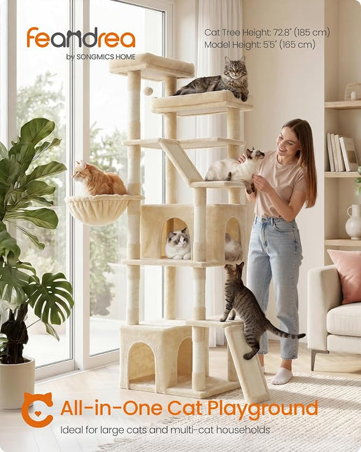 Feandrea Large Cat Tree, 72.6" Tall Sturdy Cat Tower for Indoor, Beige