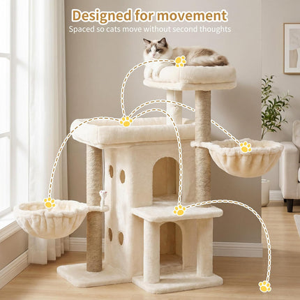 Heybly Cat Tree with Reinforced Big Base, 105cm Sturdy Cat Tower for Indoor Cats, Beige
