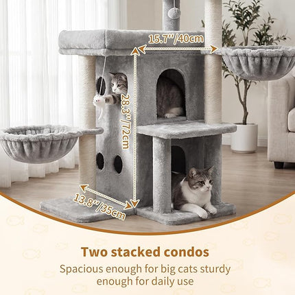 Heybly Cat Tree with Reinforced Big Base, 105cm Sturdy Cat Tower for Indoor Cats, Light Gray