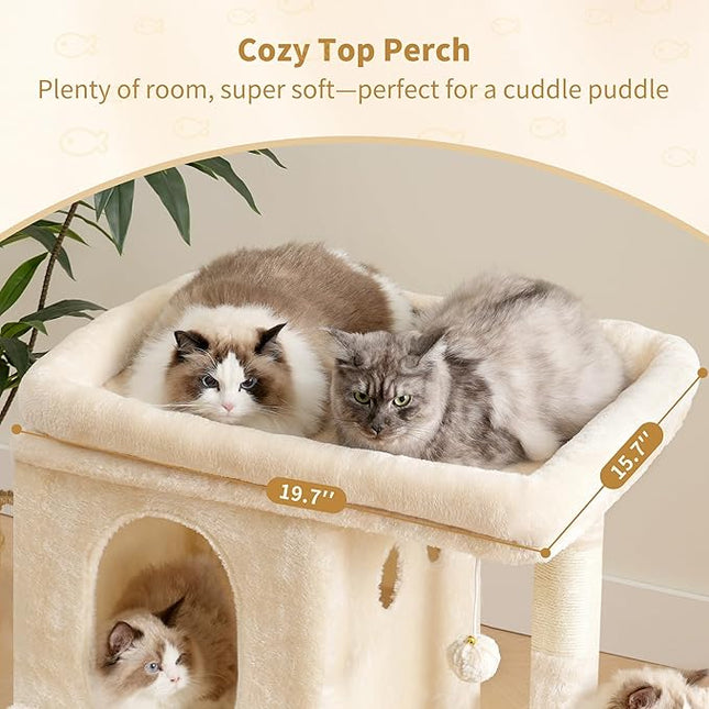 Heybly Cat Tree, 65cm Cat Tower with Spacious Top Perch for Large Cats, Beige