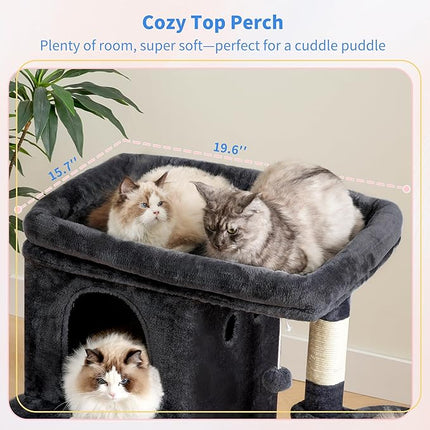 Heybly 26.3" Cat Tree for Large Cats with Big Perch & Dual Condos HCT204SG | 26.3-inch Spacious Cat Tower with Scratching Posts, Stair-Style Cat House Furniture with Cozy Basket & Pompom, Smoky Gray