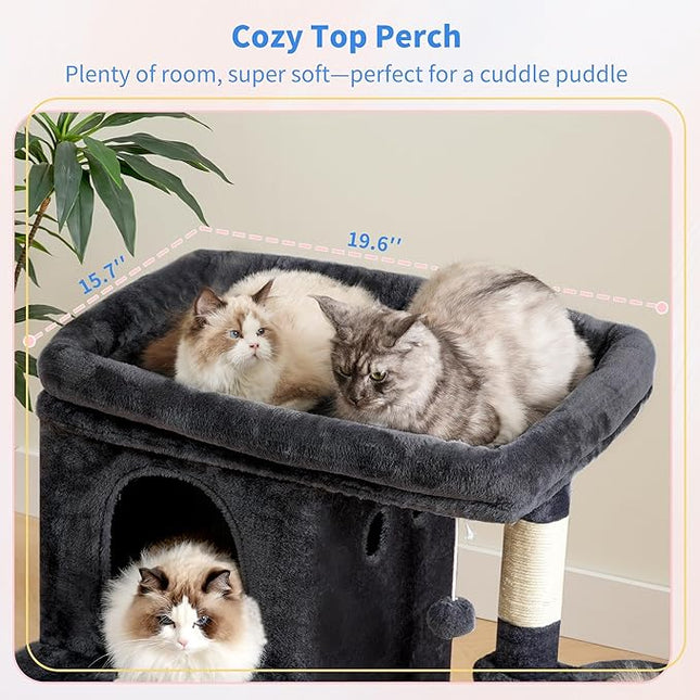 Heybly 26.3" Cat Tree for Large Cats with Big Perch & Dual Condos HCT204SG | 26.3-inch Spacious Cat Tower with Scratching Posts, Stair-Style Cat House Furniture with Cozy Basket & Pompom, Smoky Gray