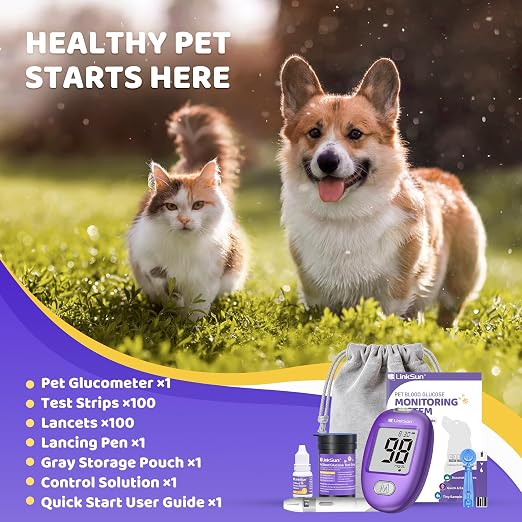 LinkSun Pet Glucose Monitor Kit, 100 Strips+Lancets, For Dogs, Cats, Rabbit