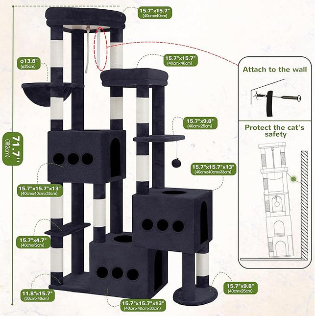 Gitelsnour Sturdy Cat Tree with 3 Large Cat Condos, 3 Platfroms, 71.7'' ,Drak Gray GCT036G