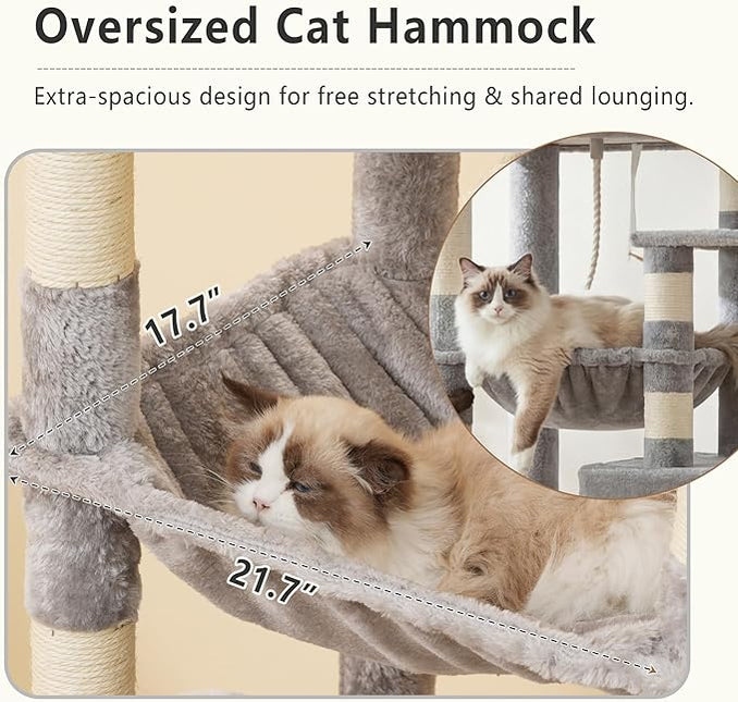 Heybly Heavy Duty Cat Tree, 64.2-Inch Tall Tower for Large Indoor Cats with Widened Structure,Extra-Large Hammock, Light Gray HCT027W