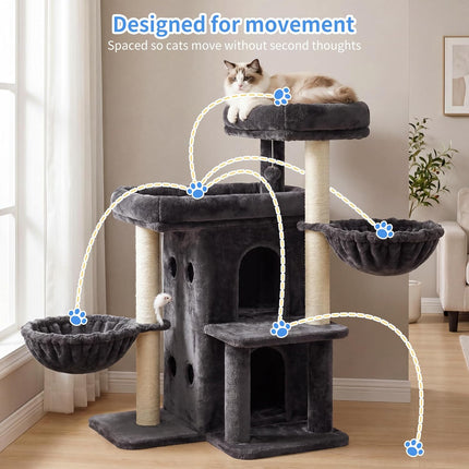 Heybly Cat Tree with Reinforced Big Base, 105cm Sturdy Cat Tower for Indoor Cats ,Smoky Gray