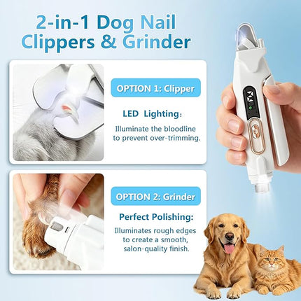 2-in-1 Dog Nail Grinder & Clipper - Quiet Electric Trimmer with Light, 2 Speeds
