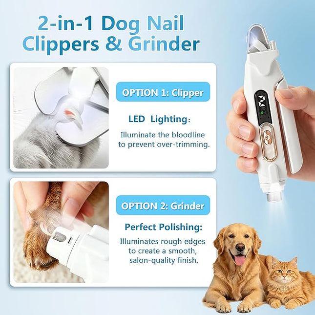 2-in-1 Dog Nail Grinder & Clipper - Quiet Electric Trimmer with Light, 2 Speeds