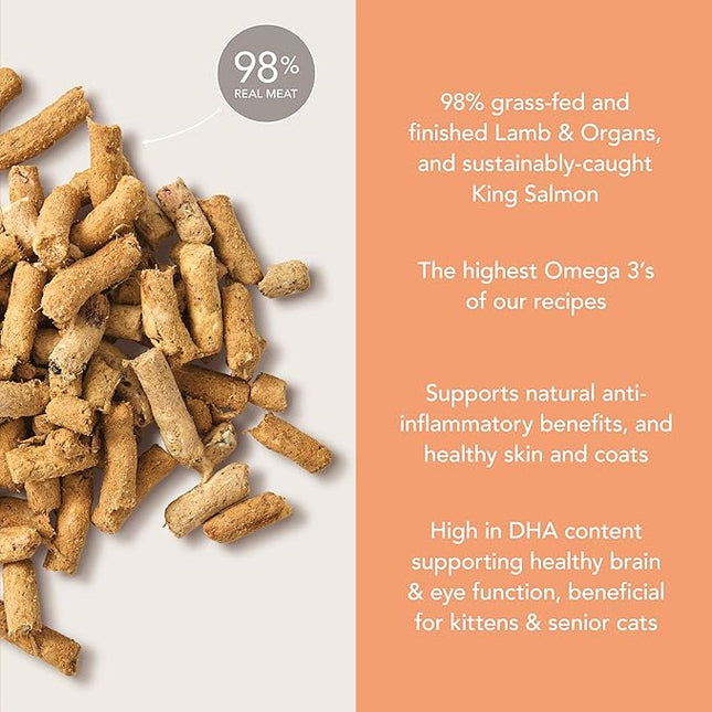 Feline Natural High Protein Dry Cat Food, Freeze-Dried Diet with 98% Meat, Organs & Seafood, No Peas, Grains, or Artificial Additives, Made in New Zealand, Lamb & King Salmon, 100g
