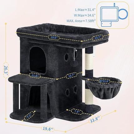 Heybly 26.3" Cat Tree for Large Cats with Big Perch & Dual Condos HCT204SG | 26.3-inch Spacious Cat Tower with Scratching Posts, Stair-Style Cat House Furniture with Cozy Basket & Pompom, Smoky Gray