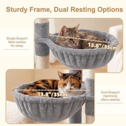 Heybly 173cm Cat Tree with Oversized Top Platform & Wide Base, Heavy Duty Cat Tower for Large Indoor Cats with 2 Condos, 2 Hammocks, 10 Sisal Scratching Posts,Light Gray HCT059W