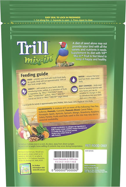 Trill Mix-In Fruit & Nut, 475g – Blend with Bird Food for Extra Nutrition – mix of 5 or more Nutritious Seeds, Grains, Dried Fruit, Vegetables and Herbs including Spinach, Raisins and More