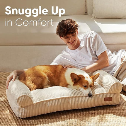 FUKUMARU Cat Couch Bed, Corduroy Cozy Cat Bed for Indoor Cats with Removable Washable Cover, Supportive Anti-Slip Dog Beds Sofa for Small Dogs Cute, 27inch, Medium, Cream