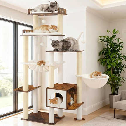 Heybly Cat Tree, 70.5 Inch Wood Tall Cat Tower for Large Indoor Cats with Extra , Rustic Brown