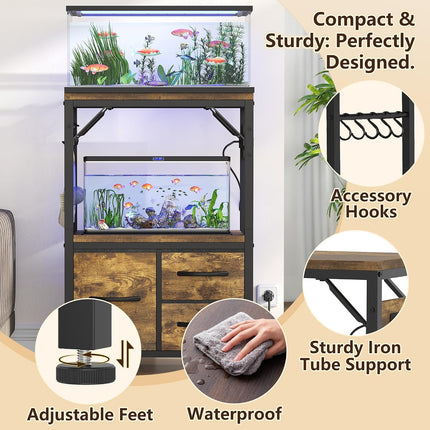 Heybly 5-10Gal Fish Tank Stand with Drawer, Power Outlet,200lbs HAS002SSR-1 |  20.5" × 10.2" Top, Rustic Brown
