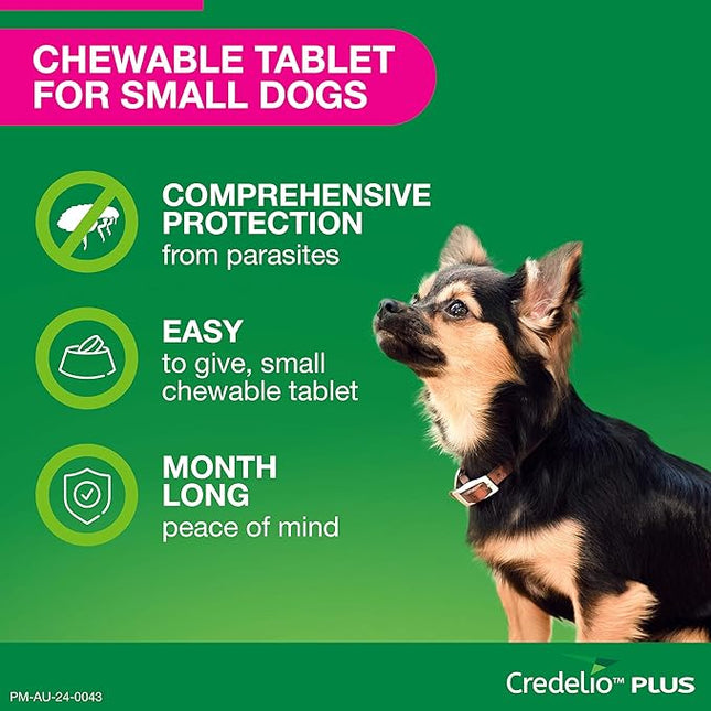 Credelio Plus Dog Flea and Tick Treatment, Single Pack, Ticks, Fleas, Mites, Chewable Tablet for Dogs > 2.8-5.5 kg, 1 Pack