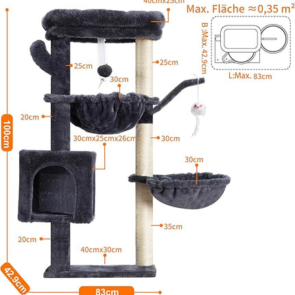 Heybly Cat Tree, 100 cm Small Cat Scratching Post with Large Platform, Cave 2 Hammocks