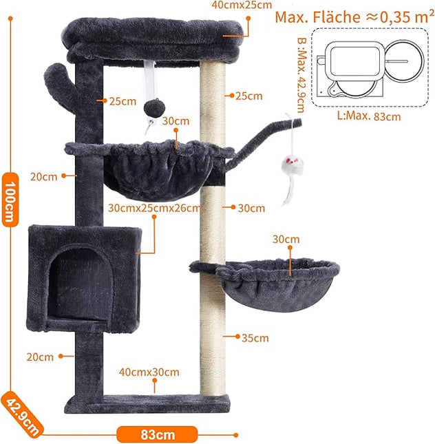 Heybly Cat Tree, 100 cm Small Cat Scratching Post with Large Platform, Cave 2 Hammocks