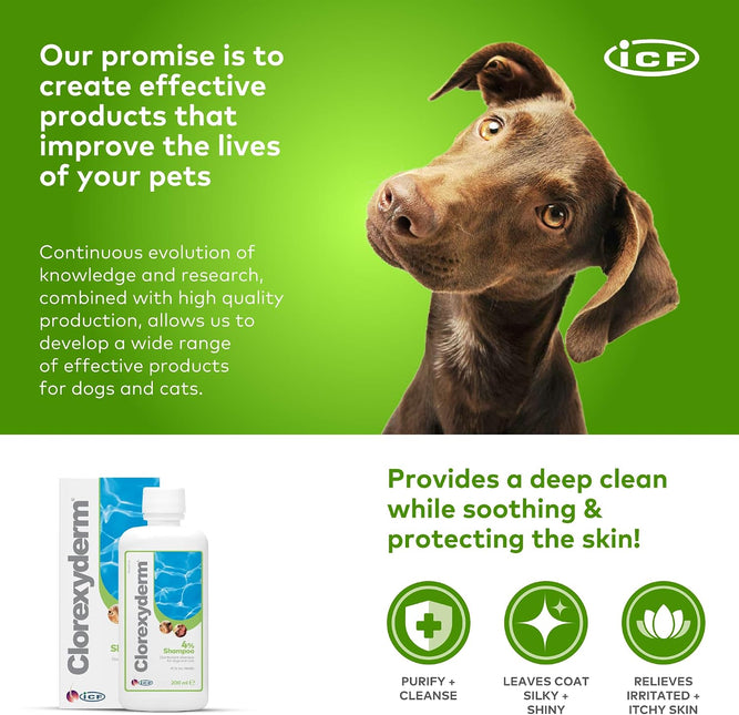 Clorexyderm 4% Chlorhexidine Dog Shampoo, Deep Cleansing Coat Wash, 200 ml